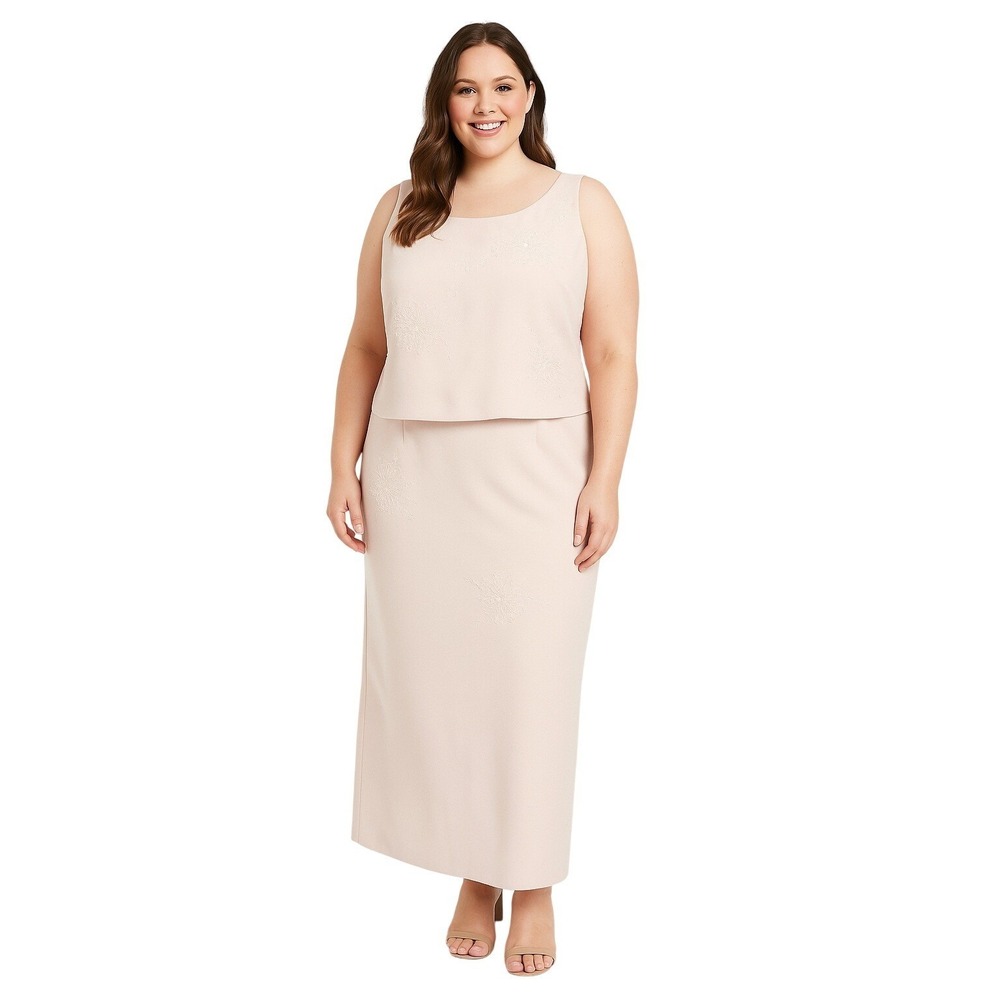 Karen Miller Blush Pink Beaded Embroidered Maxi Dress 14W Formal Evening Gown